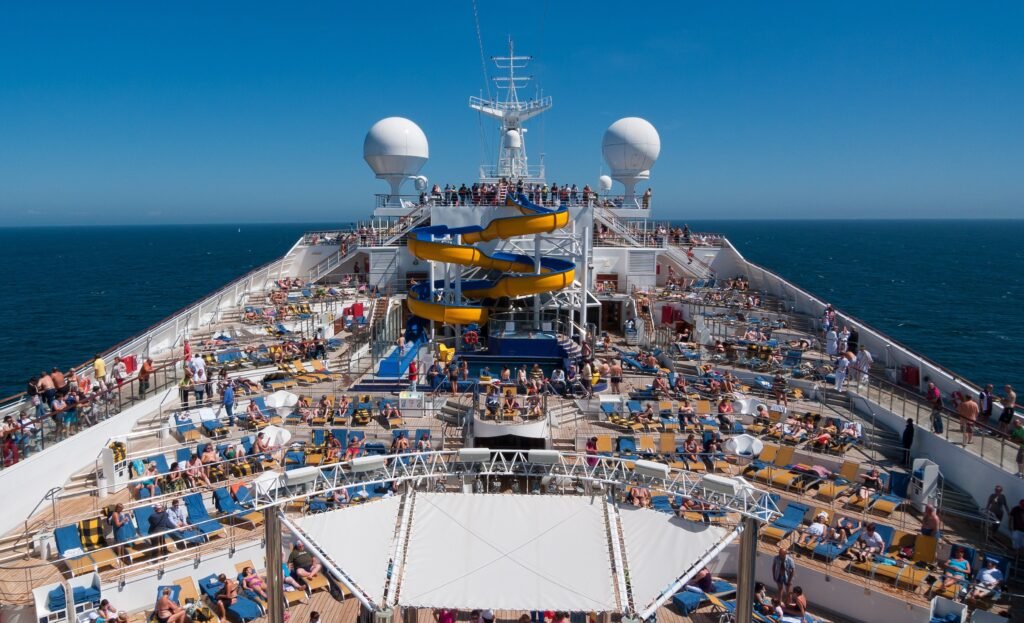tired cruise passenger relaxing on deck chair after busy day onboard