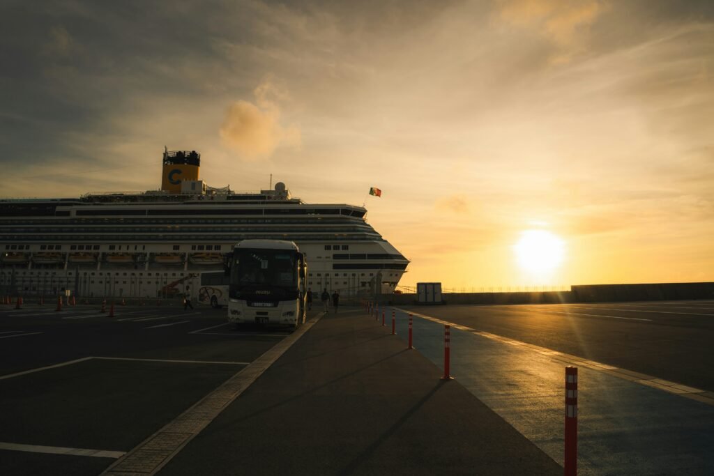 Cruise ship docked at port during a cruise port day